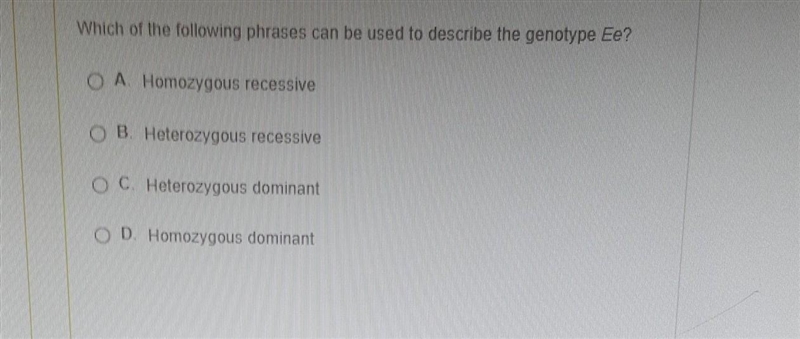 Which of the following phrases can be used to describe the genotype Ee​-example-1