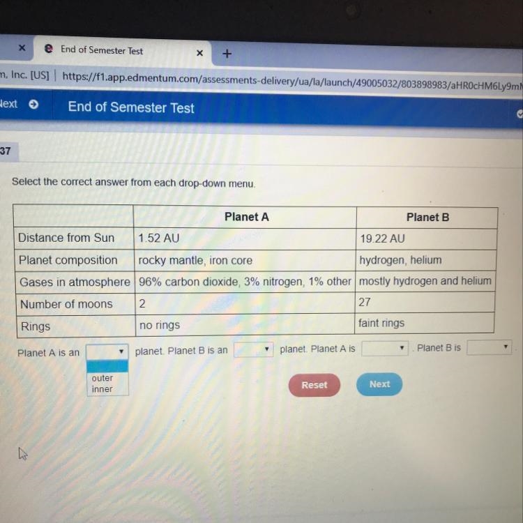 Select the correct answer from each drop-down menu. Planet A is an ___ (outer or inner-example-1