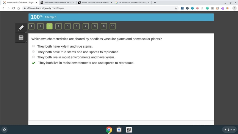 Which two characteristics are shared by seedless vascular plants and nonvascular plants-example-1