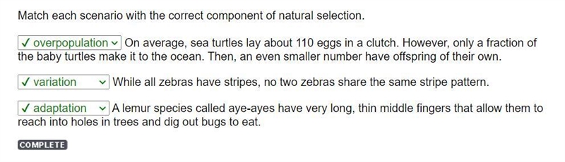 Match each scenario with the correct component of natural selection ___ On Average-example-1