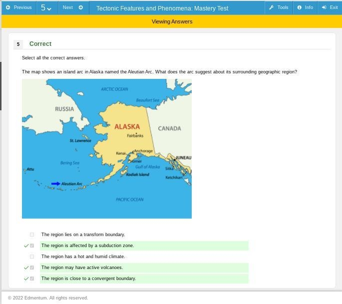 The map shows an island arc in Alaska named the Aleutian Arc. What does the arc suggest-example-1