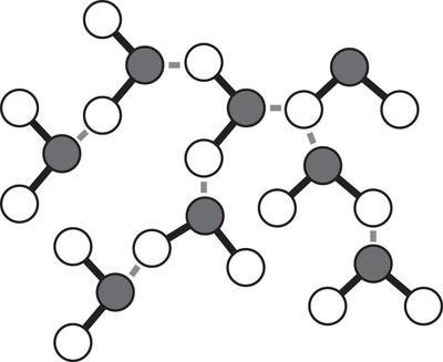 1. The model shows water molecules interacting. The gray circles represent oxygen-example-1