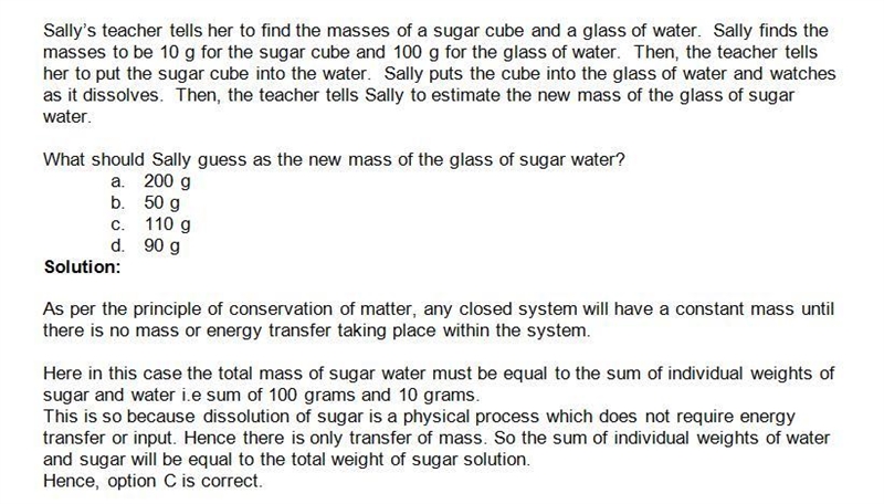 Sally's teacher tells her to find the masses of a sugar cube and a glass of water-example-1