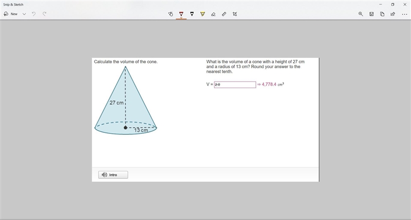 Calculate the volume of the cone. What is the volume of a cone with a height of 27 cm-example-1