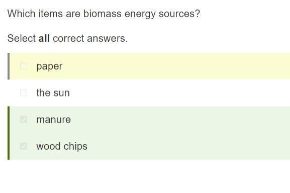 Which of these is not a biomass energy source sun manure wood chips paper-example-1