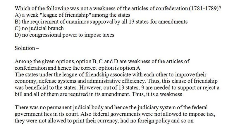 Which of the following was NOT a weakness of the Articles of Confederation? Othere-example-1