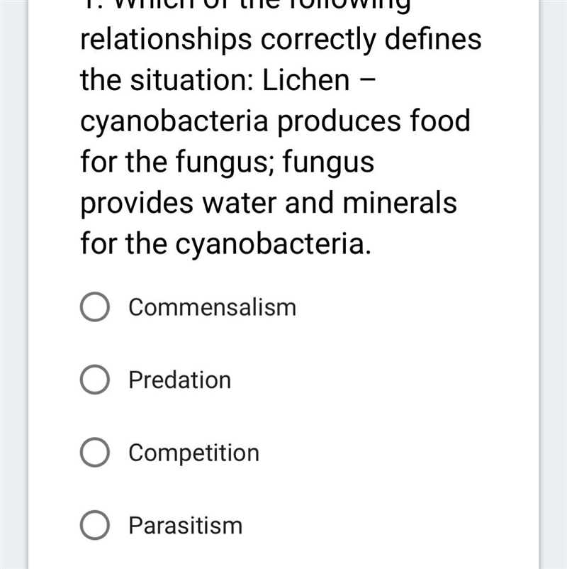 Which of the following relationships correctly defines the situation: Lichen – cyanobacteria-example-1