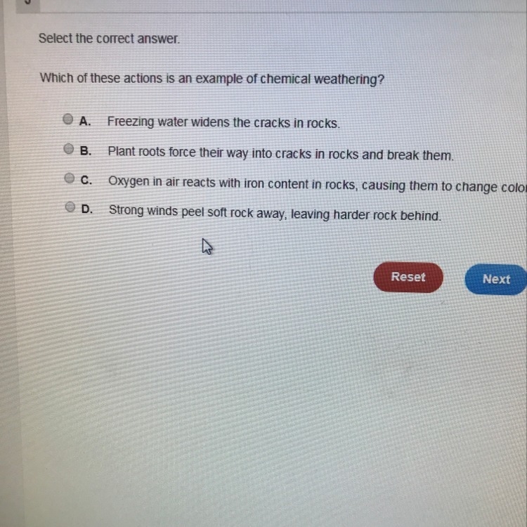 Which of these actions is an example of chemical weathering-example-1