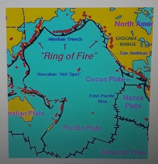 The volcanoes (red dots) in this map are MOSTLY LIKLEY caused by (A) folding (B) subduction-example-1