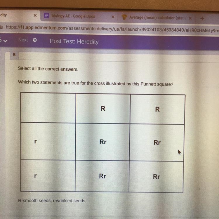 Which to statements are true for the cross illustrated by this Punnet square? R=smooth-example-1