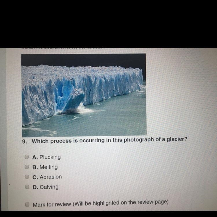 Which process is occurring in this photograph of a glacier? please and thanks!-example-1