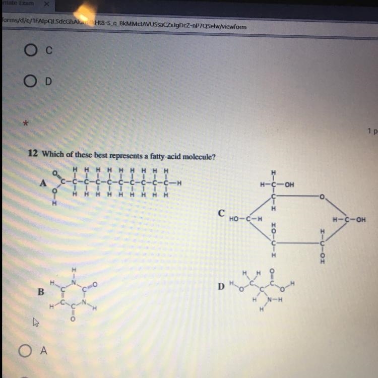 Which of these best represents a fatty-acid molecule?-example-1