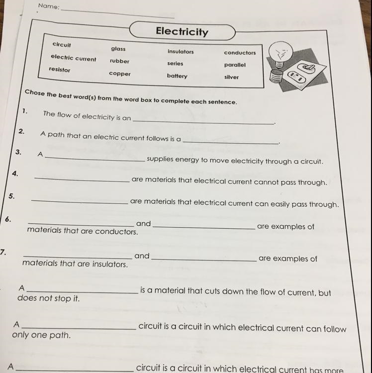 I need the answers to these please helppppp! The flow of electricity is an ______.-example-1