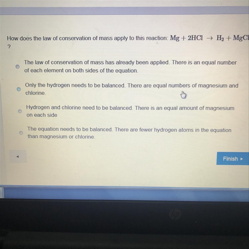 How does the law of conservation of mass apply to this reaction: Mg + 2HCl + H2 + MgCl-example-1