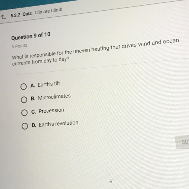 What is responsible for the uneven heating that drives wind and ocean currents from-example-1