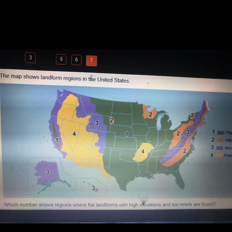 Which number shows regions where flat landforms with high elevation and low reliefs-example-1