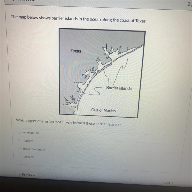 Which agent of erosion most likely formed these barrier islands-example-1