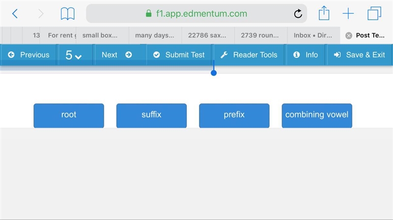 Organize the word parts according to where they appear in a medical term.-example-1