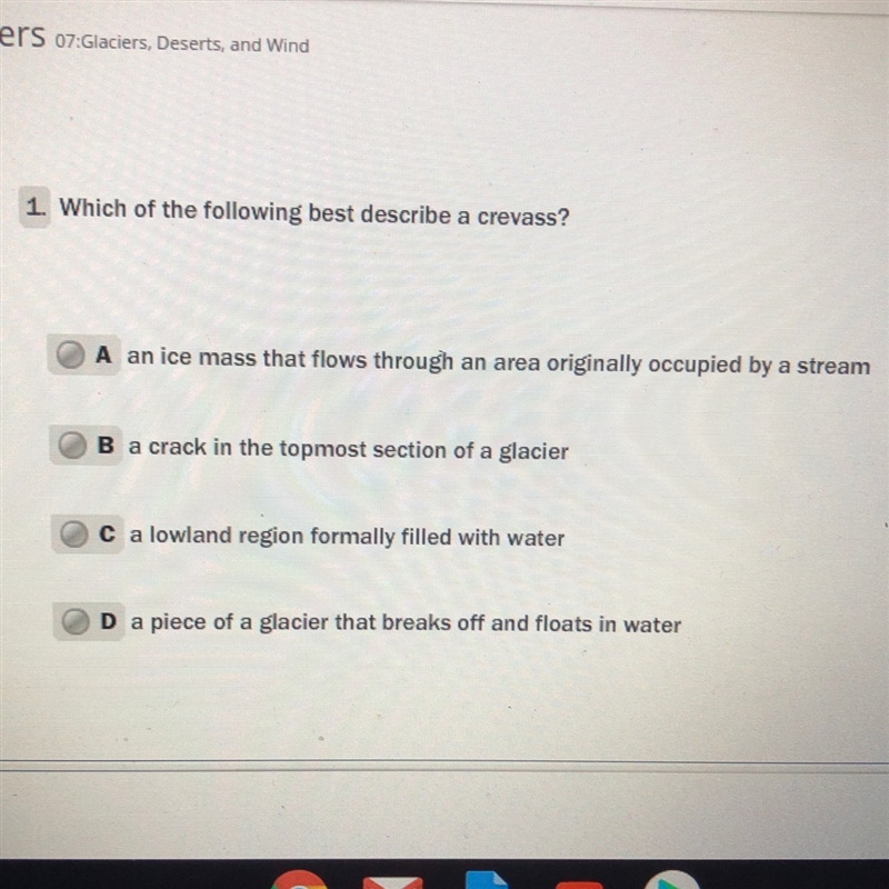 Which of the following best describes a crevasse?-example-1