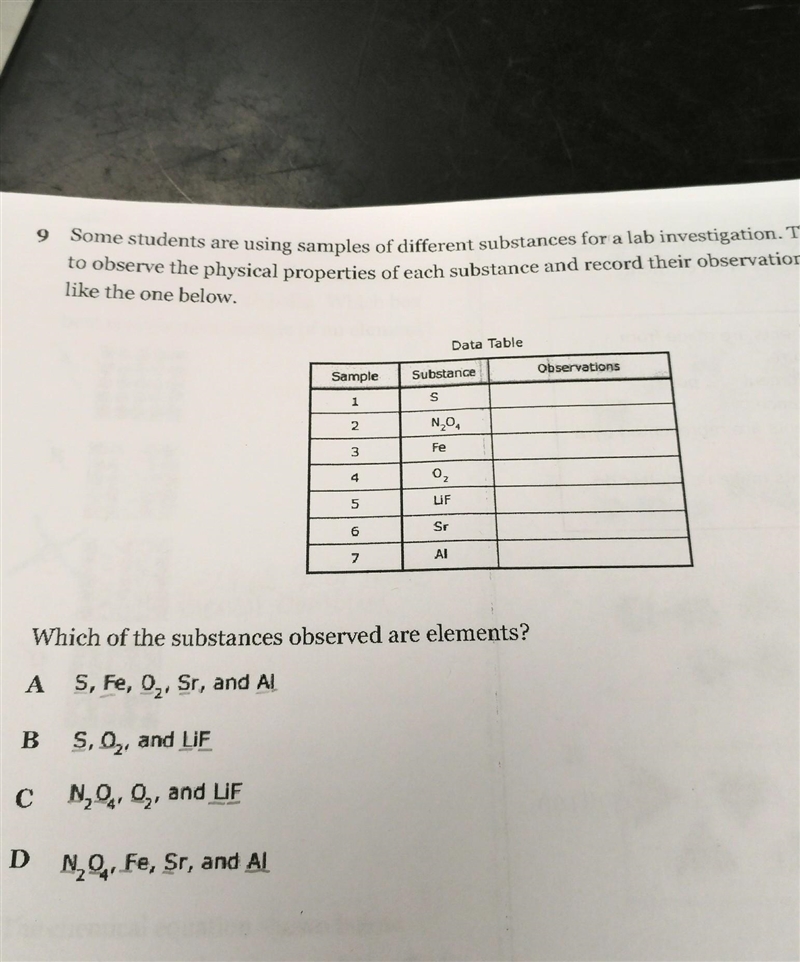 Which of the substances observed are elements? A. S, Fe, O , Sr, and Al B.S,Q,, and-example-1