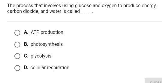 The process that involves using glucose and oxygen to produce energy, carbon dioxide-example-1