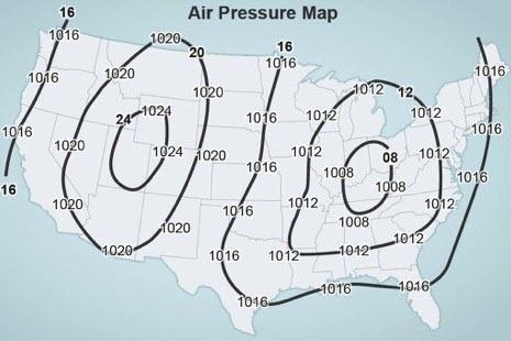 Examine the air pressure map. Which type of line is shown on the map? isobar isotherm-example-1