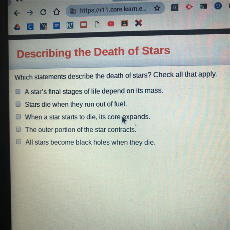 Which statements describe the death of stars? check all that apply.-example-1