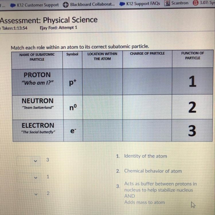 Match each role within an atom to its correct subatomic particle-example-1