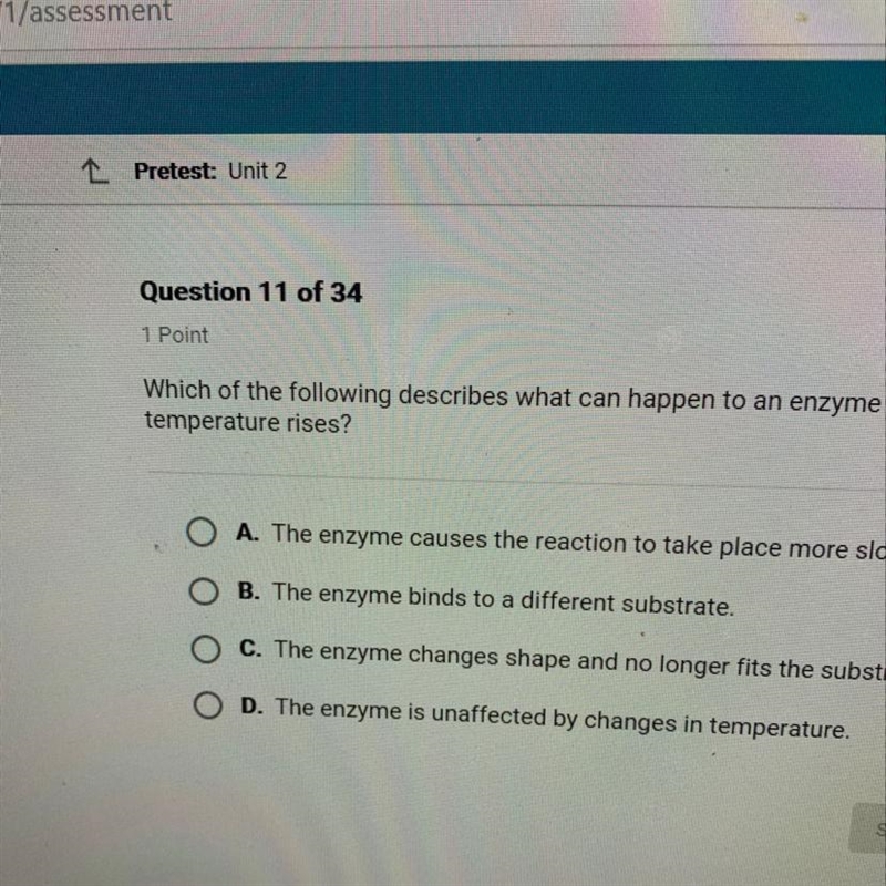 Which of the following describes what can happen to an enzyme as temperature rises-example-1