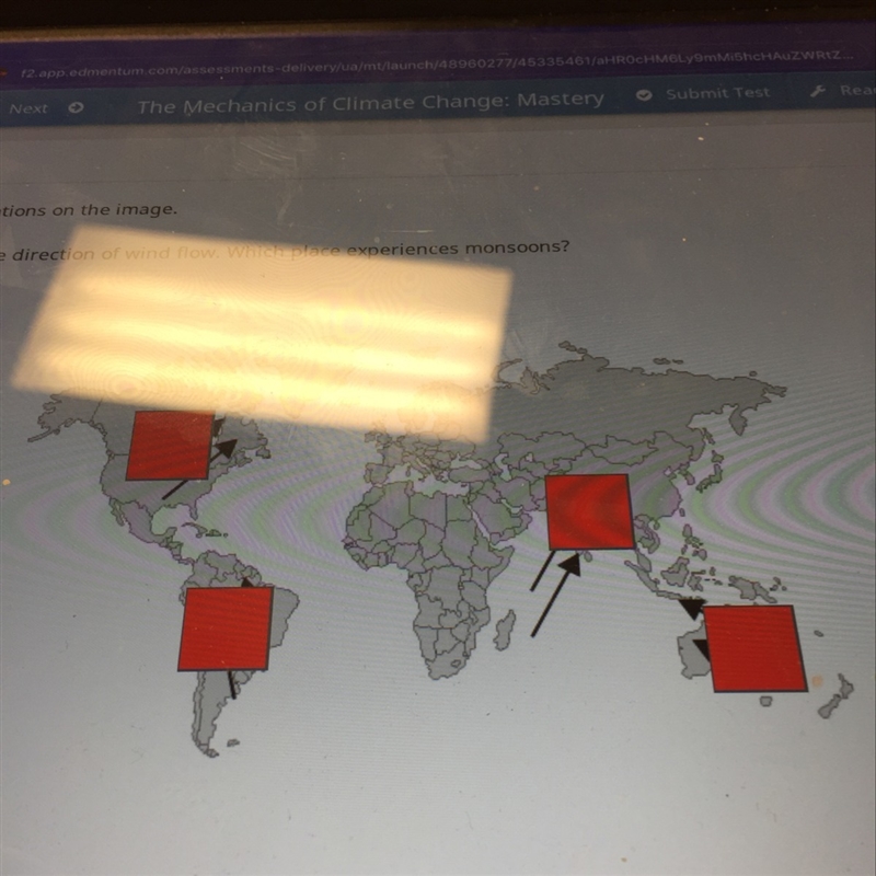 The arrows indicate the direction of wind flow. Which place experiences monsoons?-example-1