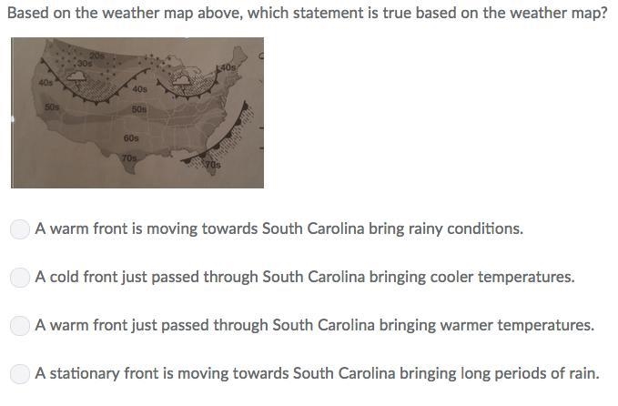 Based on the weather map above, which statement is true based on the weather map? A-example-1