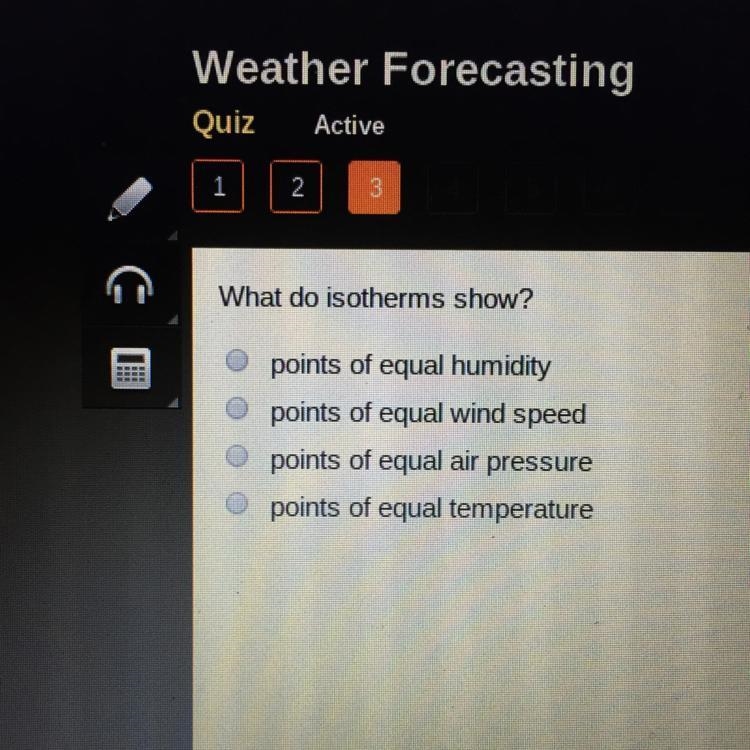 What do isotherms show? Points of equal humidity Points of equal wind speed Points-example-1