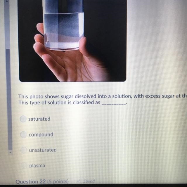 This photo shows sugar dissolved into a solution, with excess sugar at the bottom-example-1