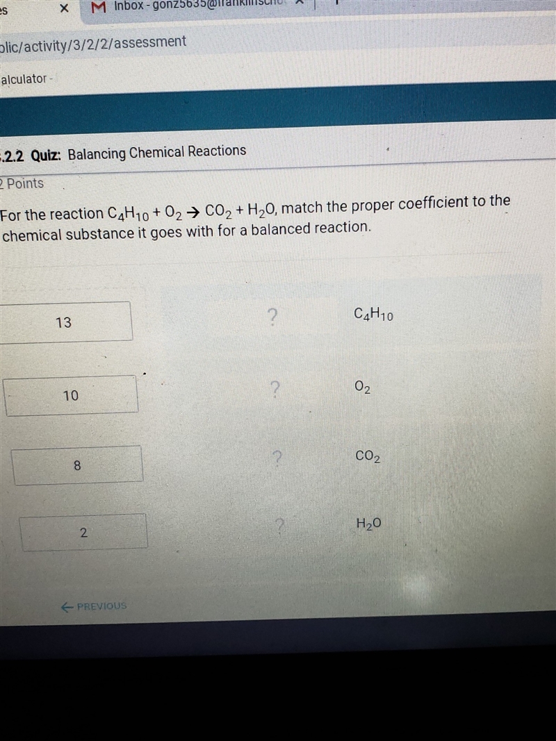 For about reaction C4H10 plus 02 yields C02 plus H20 match the proper coefficient-example-1