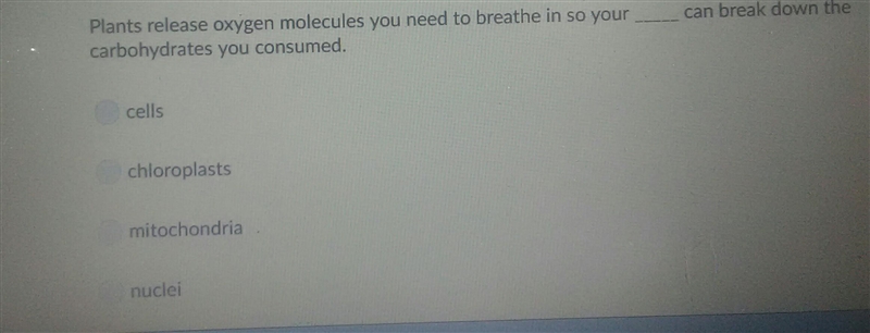 Plants release oxygen molecules you need to breathe in so your______can break down-example-1