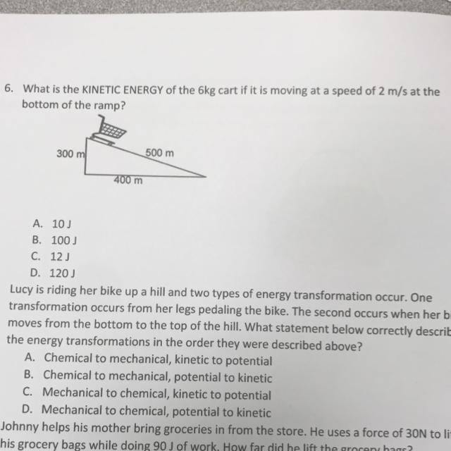 6. What is the KINETIC ENERGY of the 6kg cart if it is moving at a speed of 2 m/s-example-1