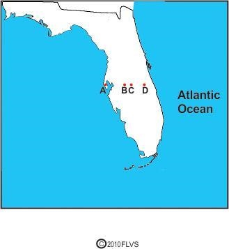 The map below shows four locations in Florida. Which of these locations is most likely-example-1