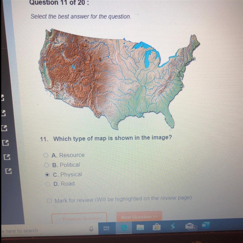 Which type of map is shown in the image? A. Resource B. Political C. Physical D. Road-example-1