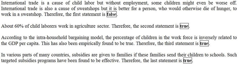 Please label the following statements regarding child labor as true or false. International-example-1