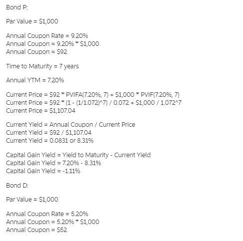 Bond P is a premium bond with a coupon rate of 9.2 percent. Bond D is a discount bond-example-1