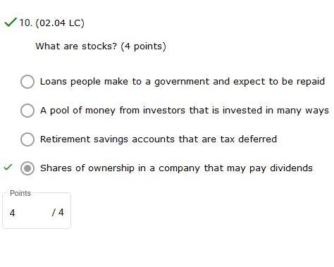 What are stocks? Loans people make to a government and expect to be repaid A pool-example-1