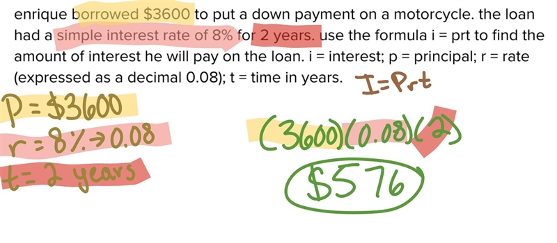 ​enrique borrowed $3600 to put a down payment on a motorcycle. the loan had a simple-example-1