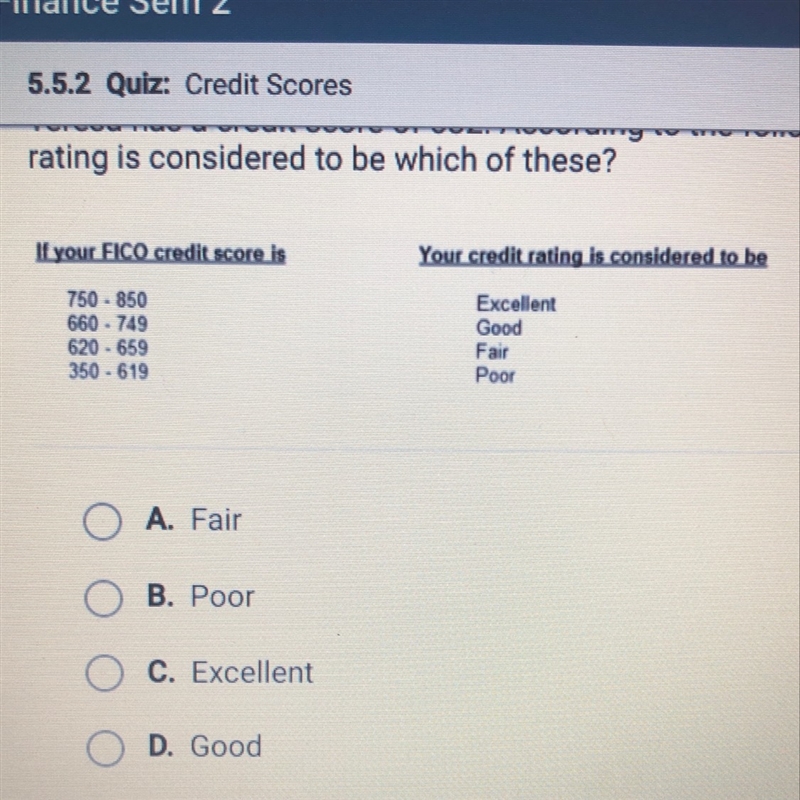 Teresa has a credit score of 632. According to the following table, her credit rating-example-1