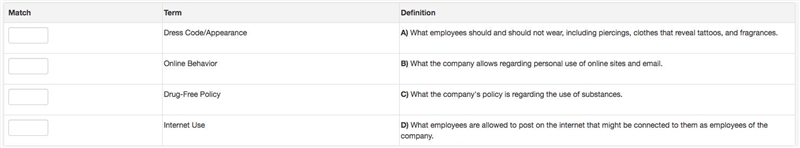 Match each Employee Handbook term with its description.-example-1