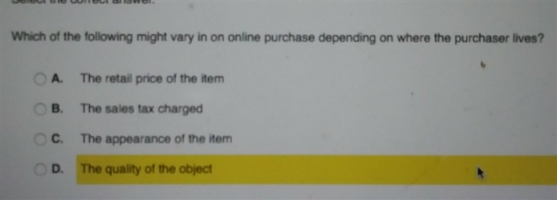 Select the correct answer. Which of the following might vary in on online purchase-example-1