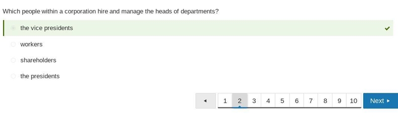 Which people with in a Corporation hire manage the heads of departments? A.) workers-example-1