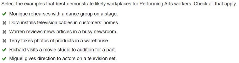 Select the examples that best demonstrate likely workplaces for Performing Arts workers-example-1