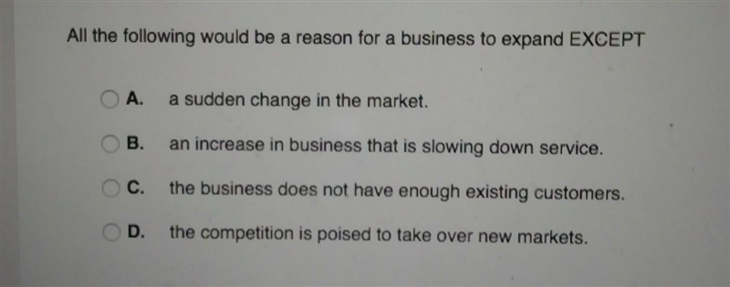 All the following would be a reason for a business to expand EXCEPT​-example-1