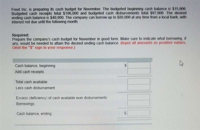 Freet Inc. is preparing its cash budget for November. The budgeted beginning cash-example-1