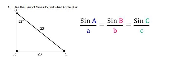 Use the Law of Sines to find what Angle R is:-example-1